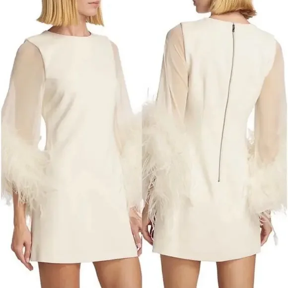 NWT Alice + Olivia Women's White Silk Izola Feather Detail Mini Dress Sz 2 FLAW Mini